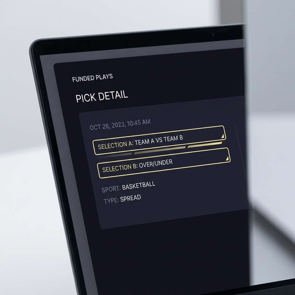 How to Review Your Bet History on FundedPlays close up of laptop pick detail pane showing timestamp and selection labels minimal dark branded background
