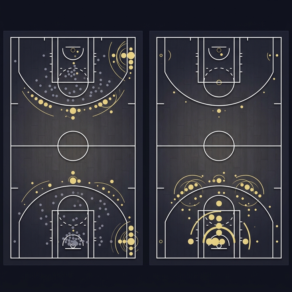 Side by side team adjusted shot charts for two centers showing corner and above the break three distributions for grizzlies warriors prediction
