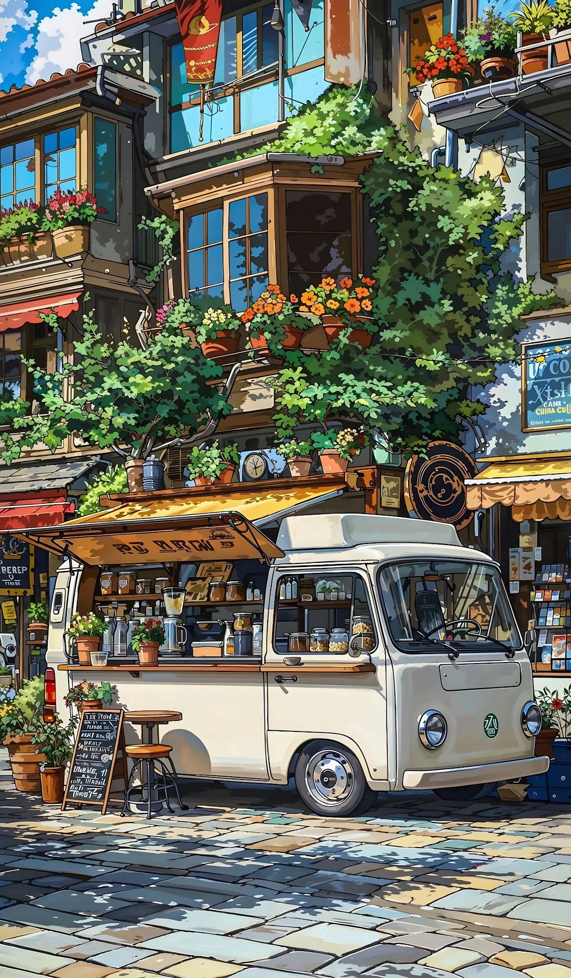 Cozy Anime Coffee Van Street Scene Floral Urban Art - Free 4K mobile Wallpaper