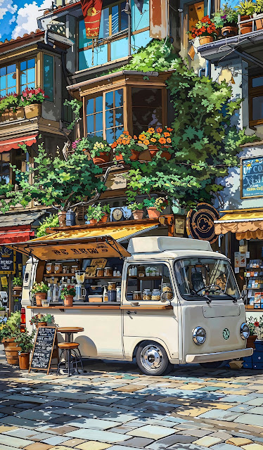 Cozy Anime Coffee Van Street Scene Floral Urban Art - Free mobile Wallpaper