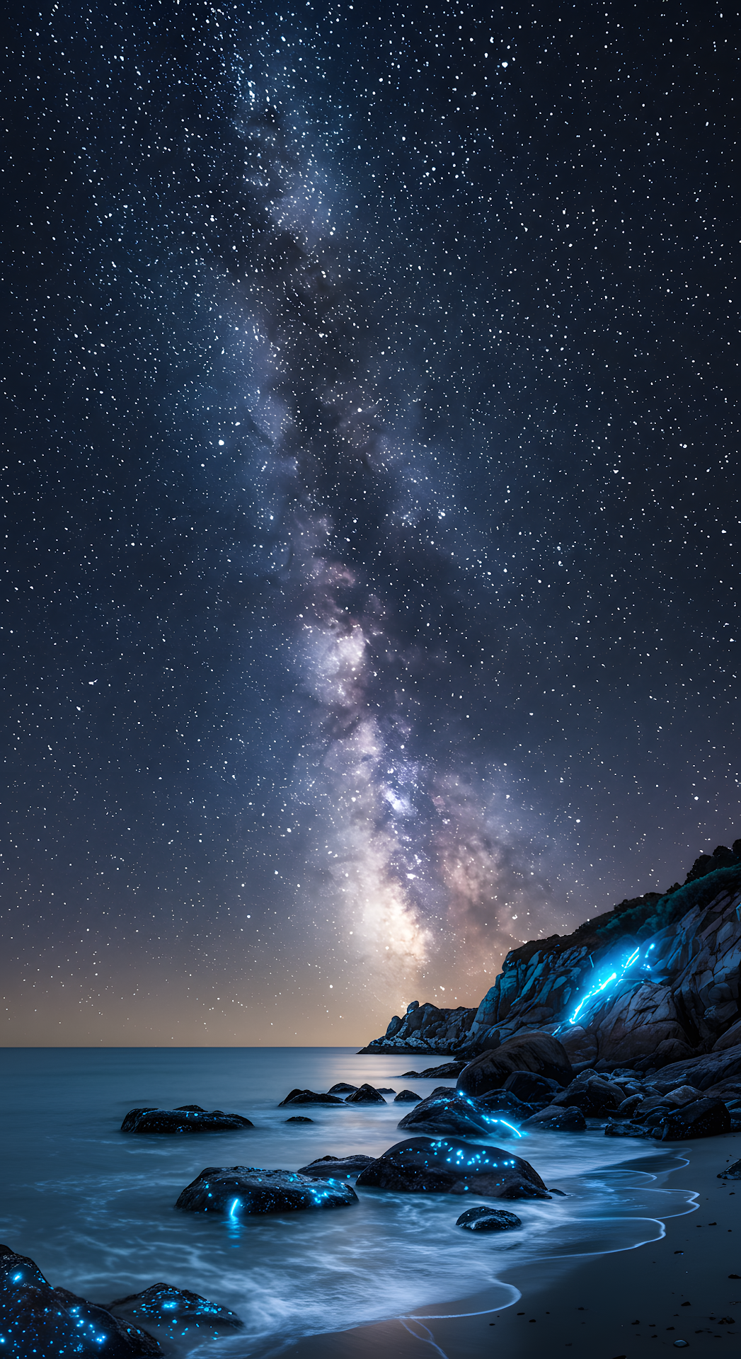 Bioluminescent Coastline under the Milky Way Galaxy - Free 4K mobile Wallpaper