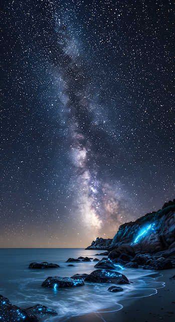 Bioluminescent Coastline under the Milky Way Galaxy - Free mobile Wallpaper