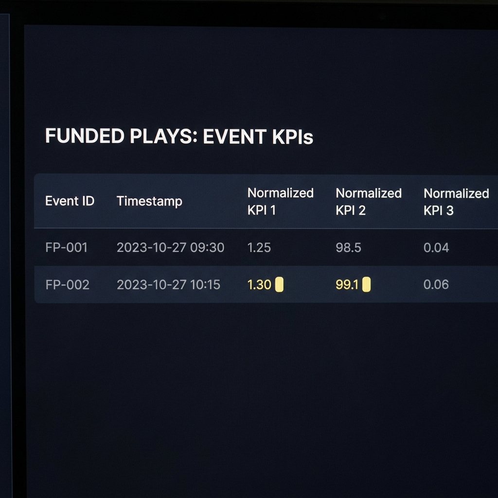 Minimalist close up of a dashboard table showing event ids timestamps and normalized KPI columns on a dark Funded Plays styled background for How to Analyze Performance by Sport