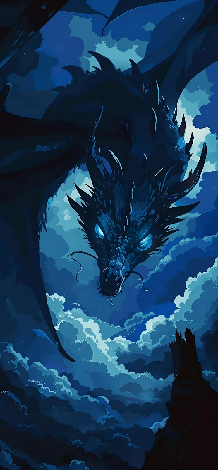 Shadowy Dragon Over Dark Castle - Digital Illustration Full HD iPhone Wallpaper (1080x2321)