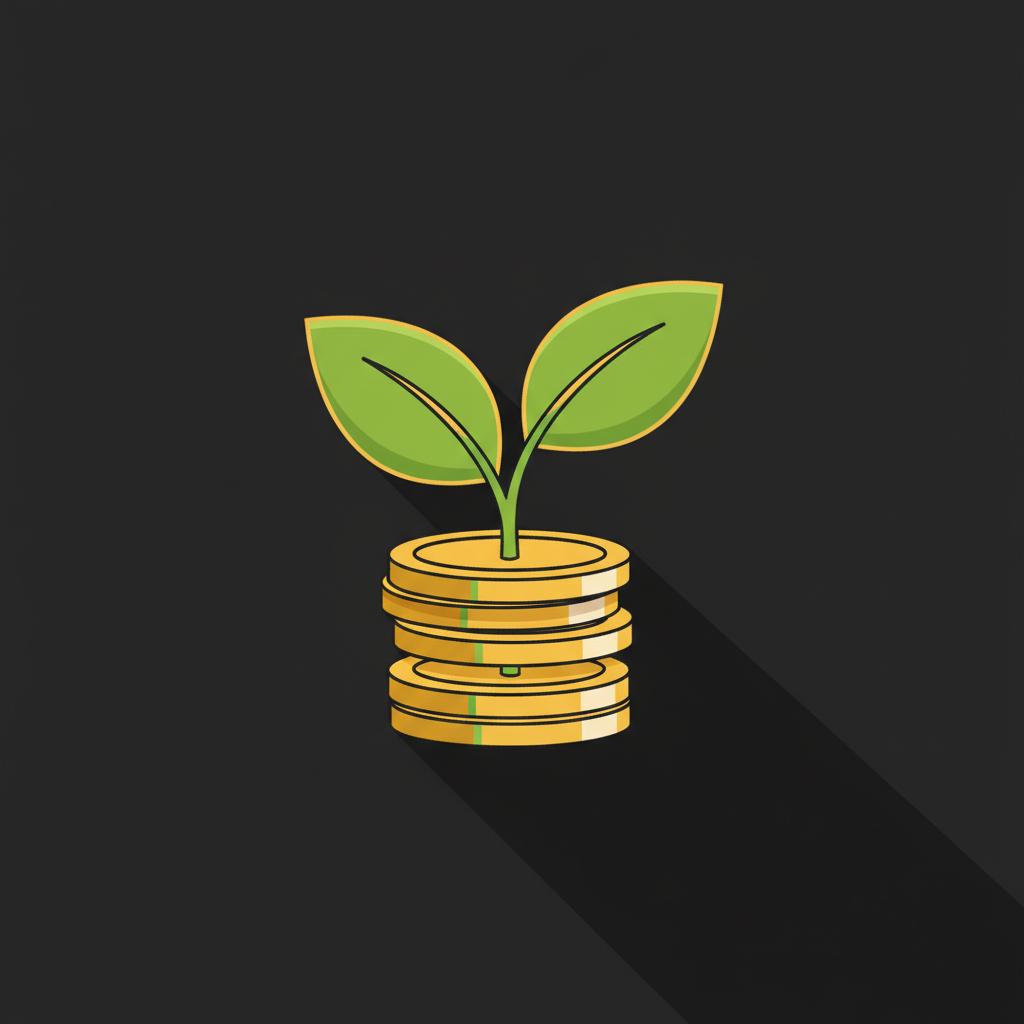 Close up minimalist vector of stacked coins transforming into a small plant symbolizing investing $100 a month on deep black background with green leaves and subtle gold accents