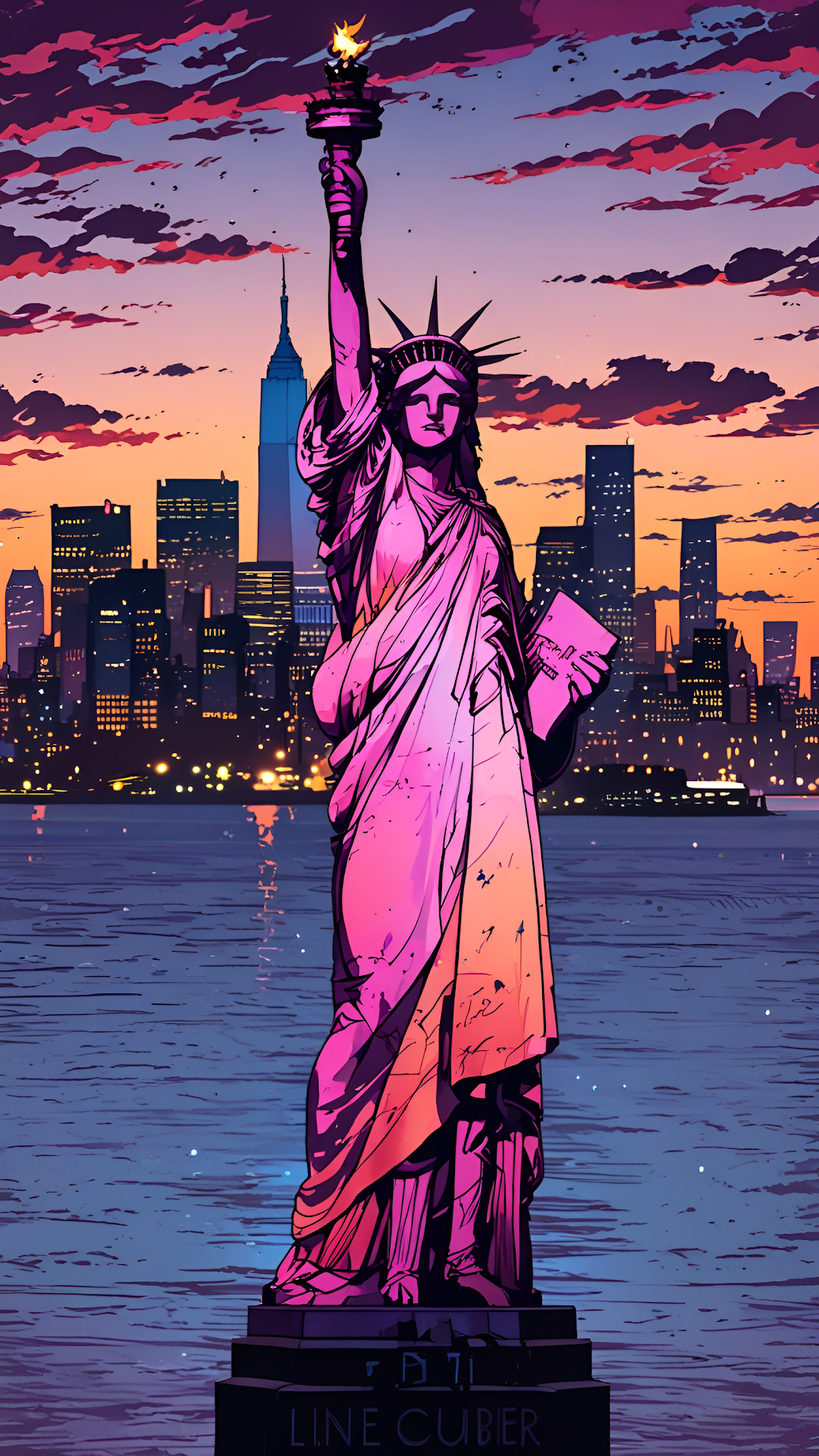 Neon Statue of Liberty Against NYC Skyline Sunset Comic Art - Free 4K mobile Wallpaper