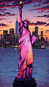 Neon Statue of Liberty Against NYC Skyline Sunset Comic Art