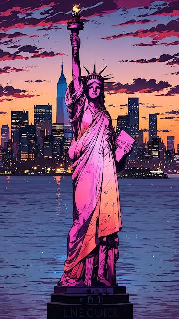 Neon Statue of Liberty Against NYC Skyline Sunset Comic Art - Free mobile Wallpaper