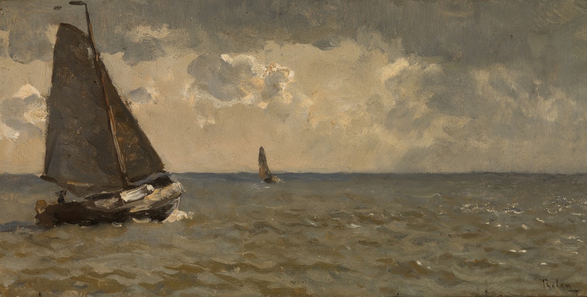 Botter op zee buïig weer 1905 1910