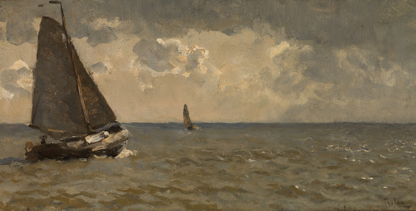 Botter op zee buïig weer 1905 1910