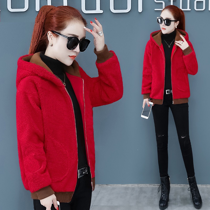 Lamb fleece coat, hooded, lined