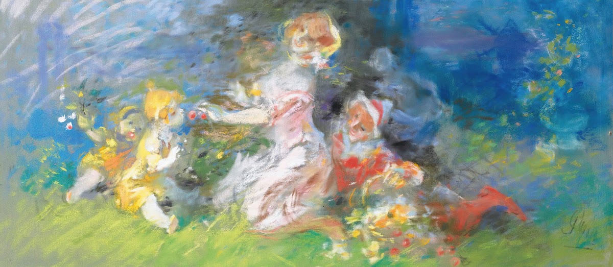 Women and children gathering flowers