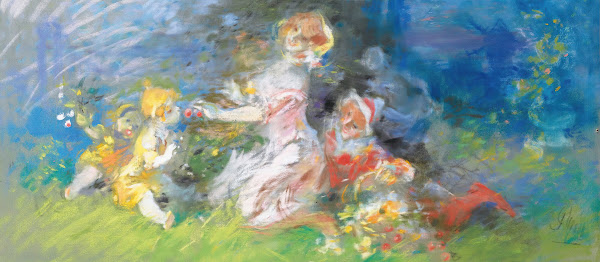 Women and children gathering flowers