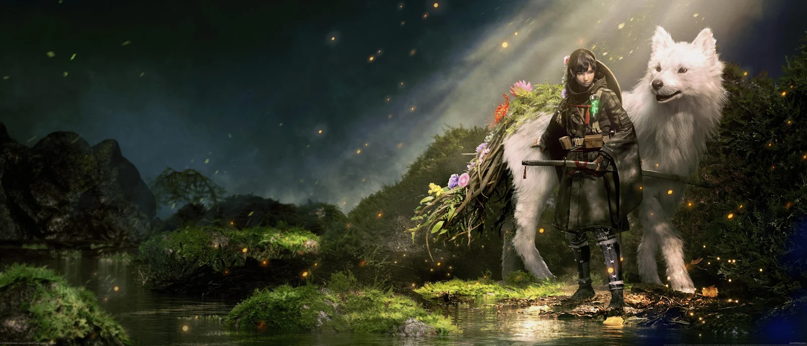 Warrior Girl And Magical White Wolf 4K Desktop Wallpaper