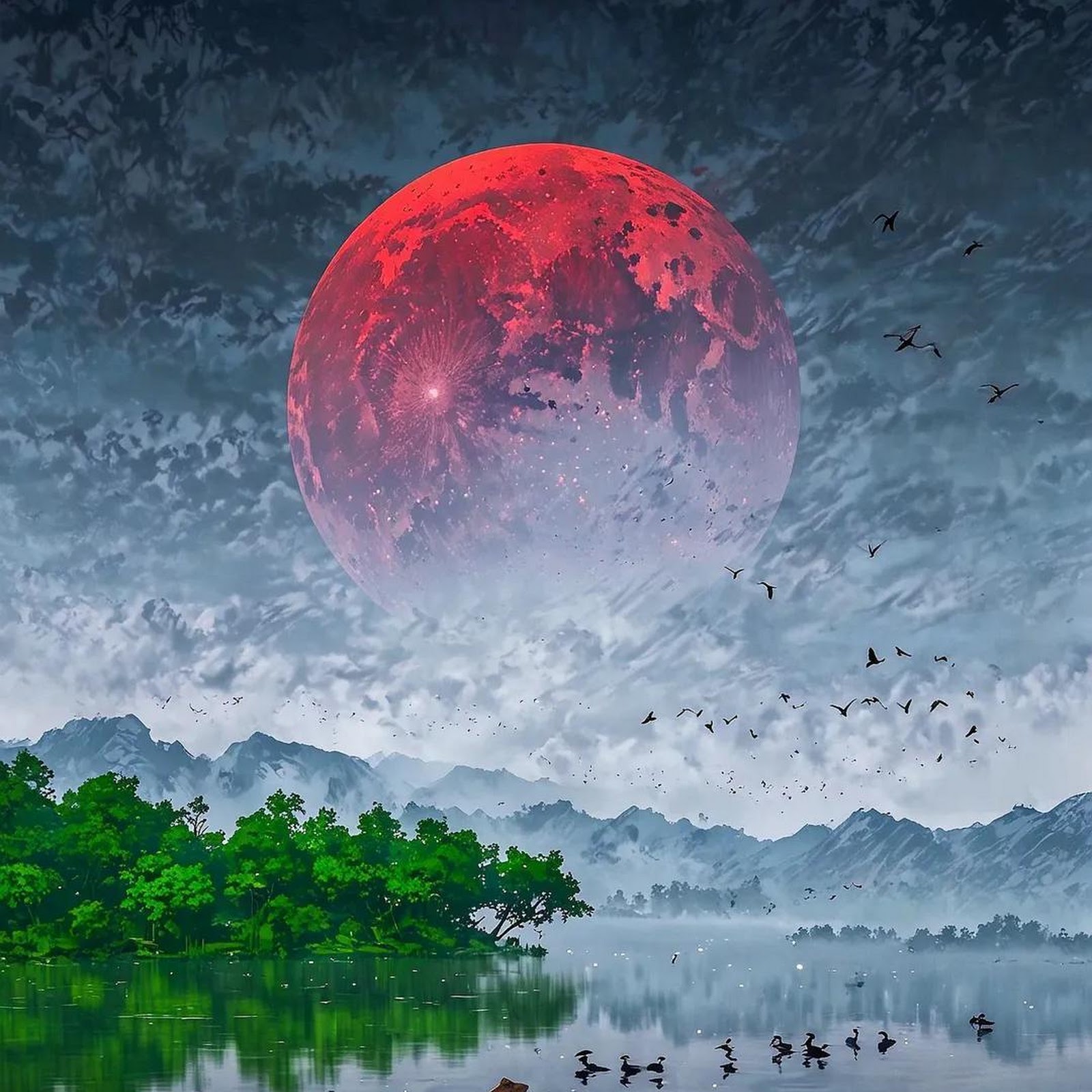 Download Fisherman Under Giant Red Moon iPhone