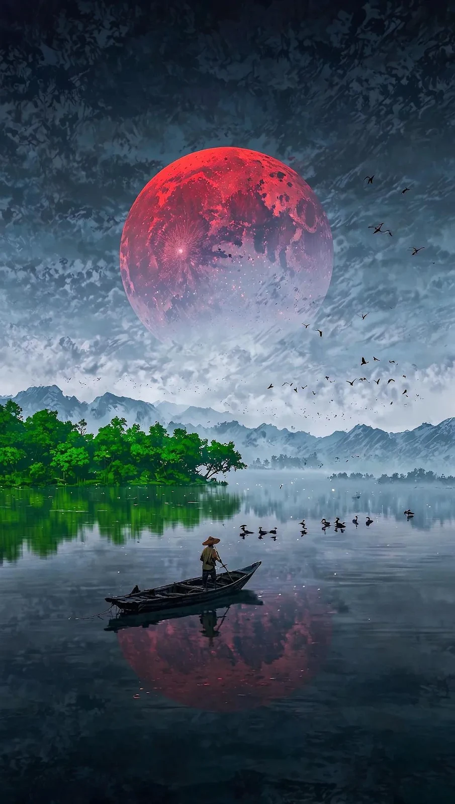 Fisherman Under Giant Red Moon - Digital Fantasy Art iPhone Wallpaper (1080x1909)