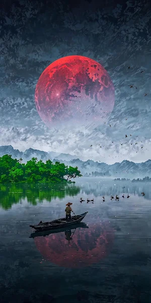 Fisherman Under Giant Red Moon iPhone Wallpaper Background