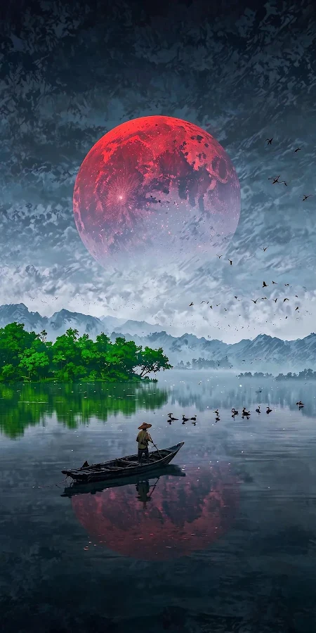 Fisherman Under Giant Red Moon iPhone Phone Wallpaper