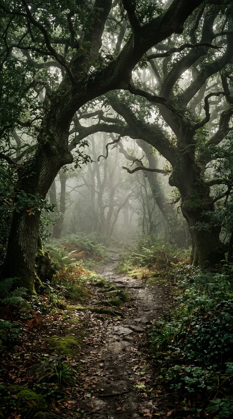 Forest Path with Ancient Oak Trees and Thick Morning Fog - Free 4K mobile Wallpaper