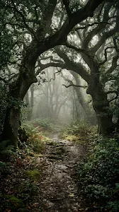 Forest Path with Ancient Oak Trees and Thick Morning Fog