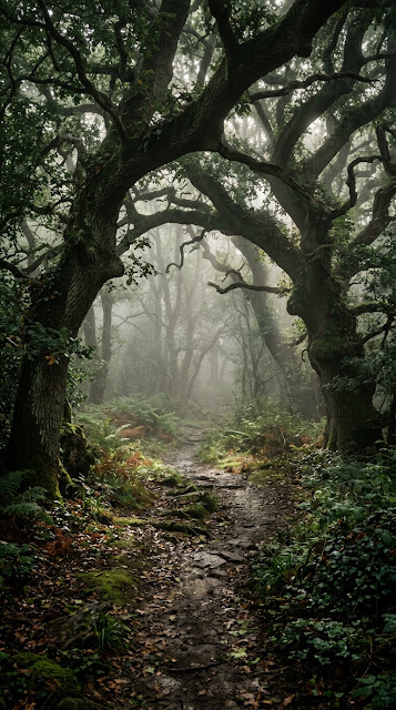 Forest Path with Ancient Oak Trees and Thick Morning Fog - Free mobile Wallpaper