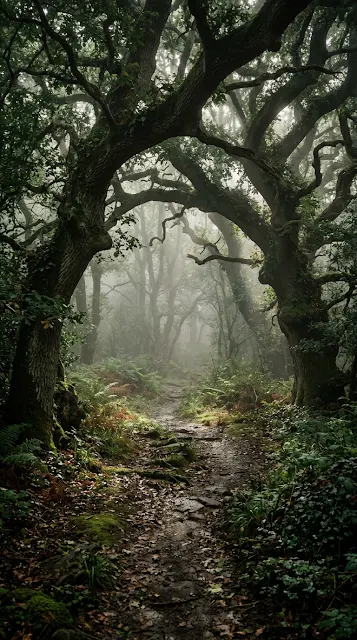 Forest Path with Ancient Oak Trees and Thick Morning Fog