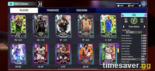 NBA 2K27 MyTEAM Salary Cap Edit Lineups screen showing a team salary total against the salary cap limit with per-card salary values