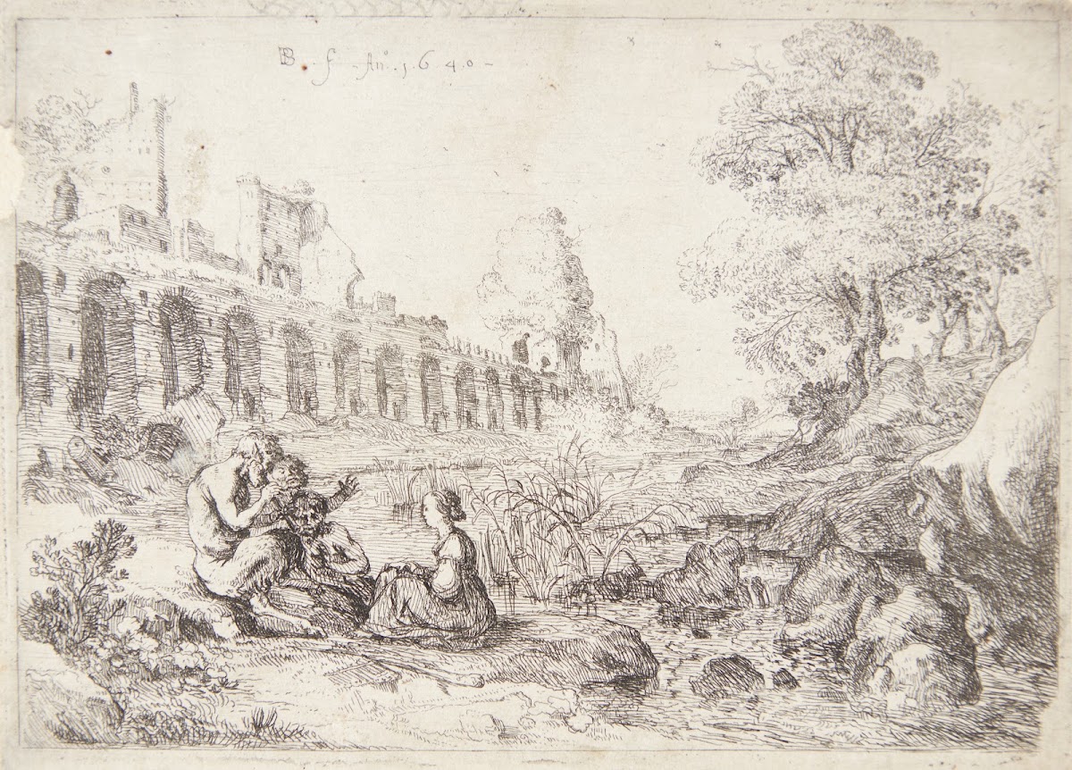 Nymfen Korsika siddende med tre satyrer 1640