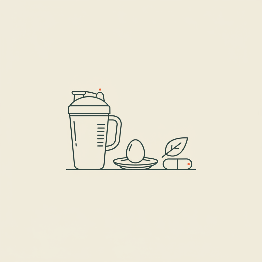 Minimalist Tonum-style vector of shaker bottle, plate with single egg outline and capsule with leaf on beige background — best time to take whey protein for weight loss