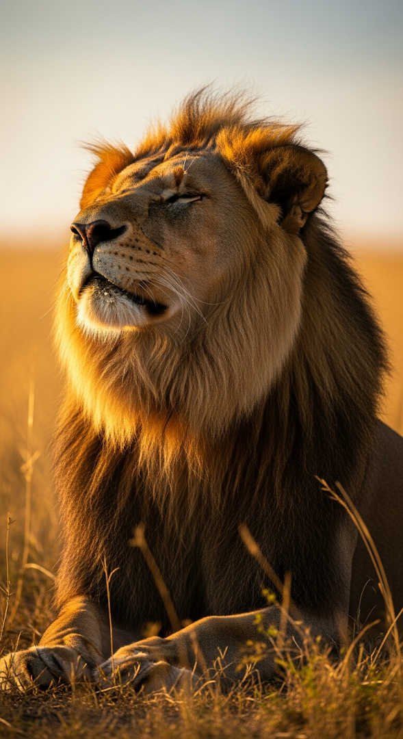 Close-up Portrait of a Male Lion Basking in Golden Light in Dry African Grass