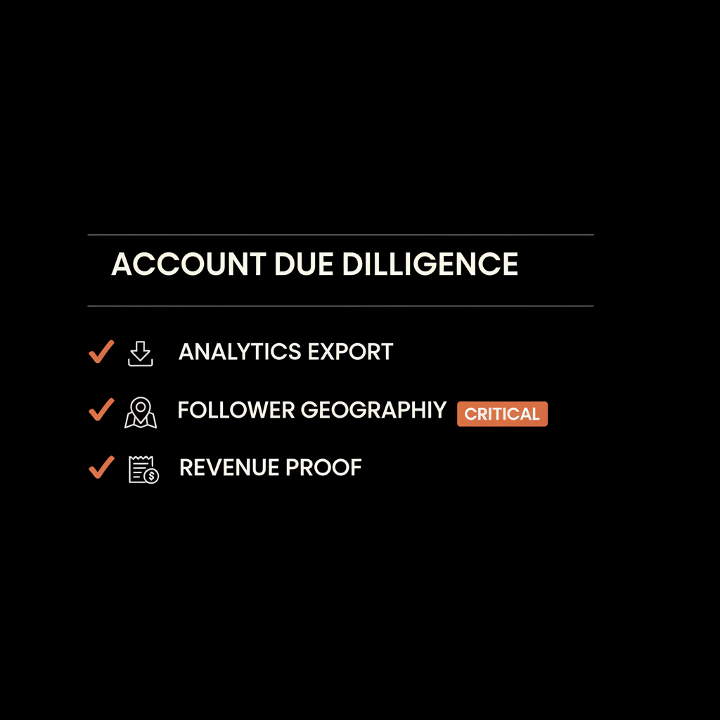 Minimal infographic checklist illustrating cost of a 100k TikTok account with analytics export, follower geography, and revenue proof on black background.