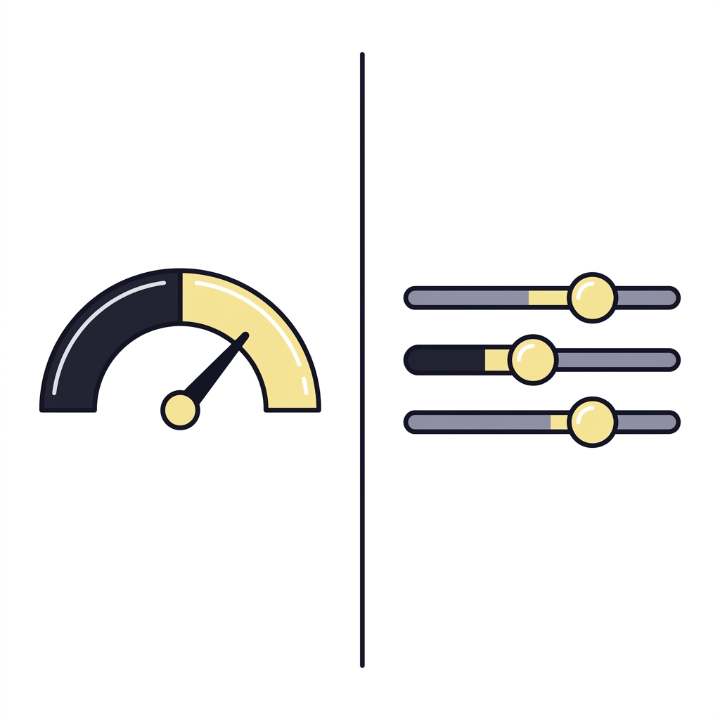 Minimalist 2D vector split illustration of a model probability gauge and an implied probability conversion calculator with semicircular arc and sliders in Funded Plays brand colors grizzlies prediction