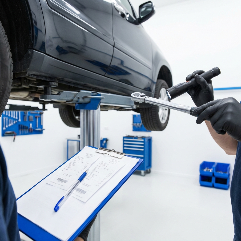 Close up of mechanic inspecting large SUV transmission with service receipts on clipboard indicating toyota sequoia for sale in a clean white minimal setting with blue accents