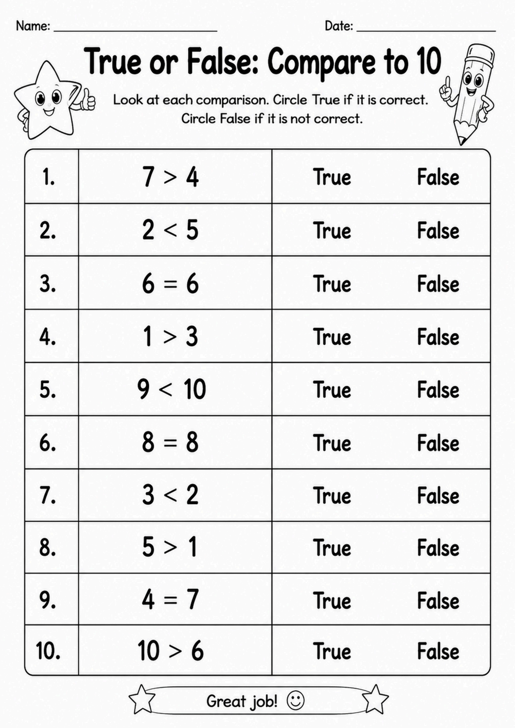 True or False Comparisons to 10 Worksheet