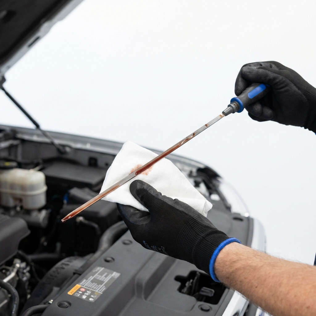 Close up of a technician checking transmission fluid on a pickup truck with dipstick visible on a white background used toyota tacoma for sale