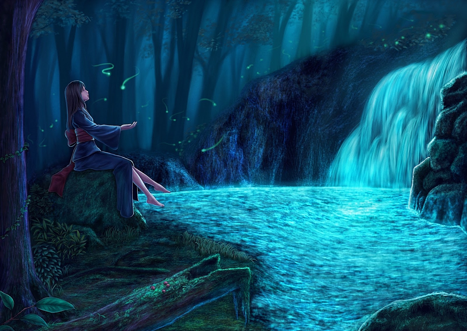 Beautiful Anime Girl by a Glowing Blue Waterfall