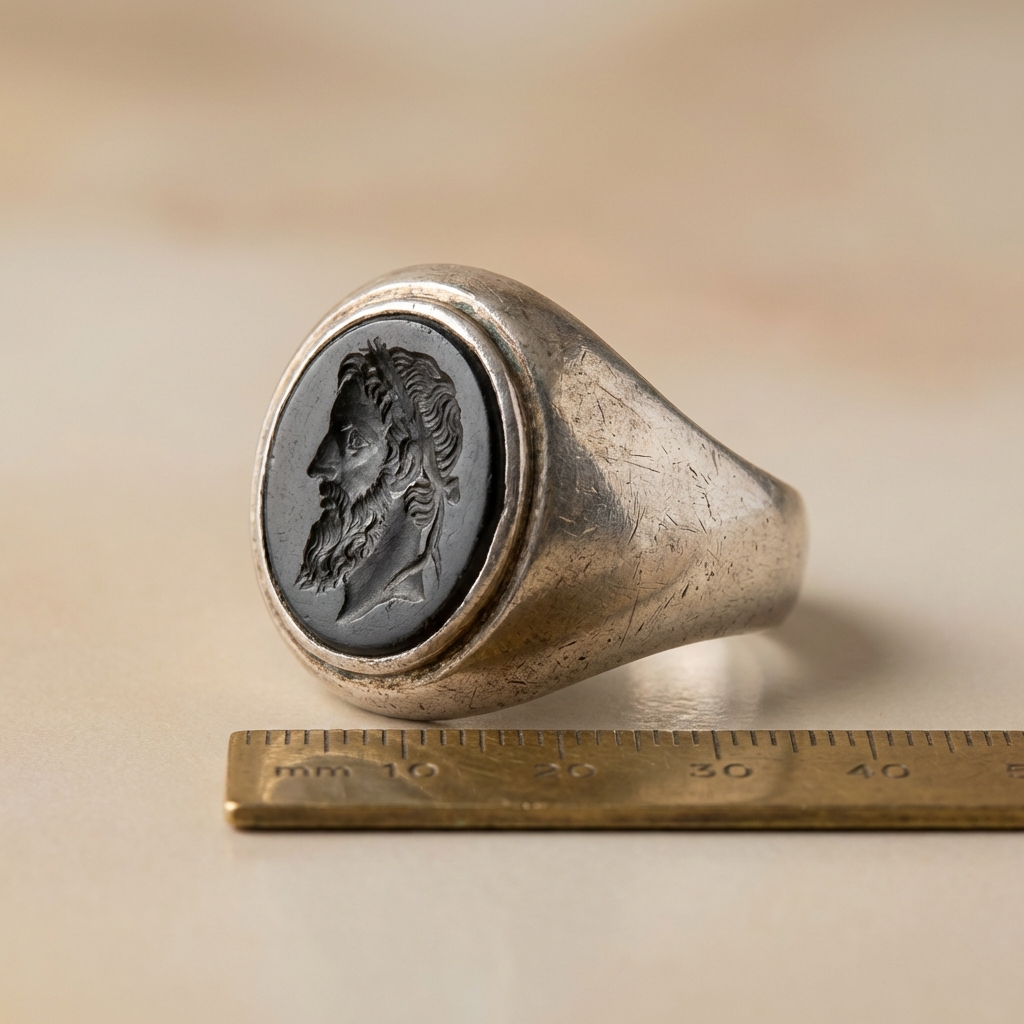 Macro photograph of a Roman intaglio ancient coin ring set in silver showing carved portrait and bezel with a small ruler for scale on a pale beige background