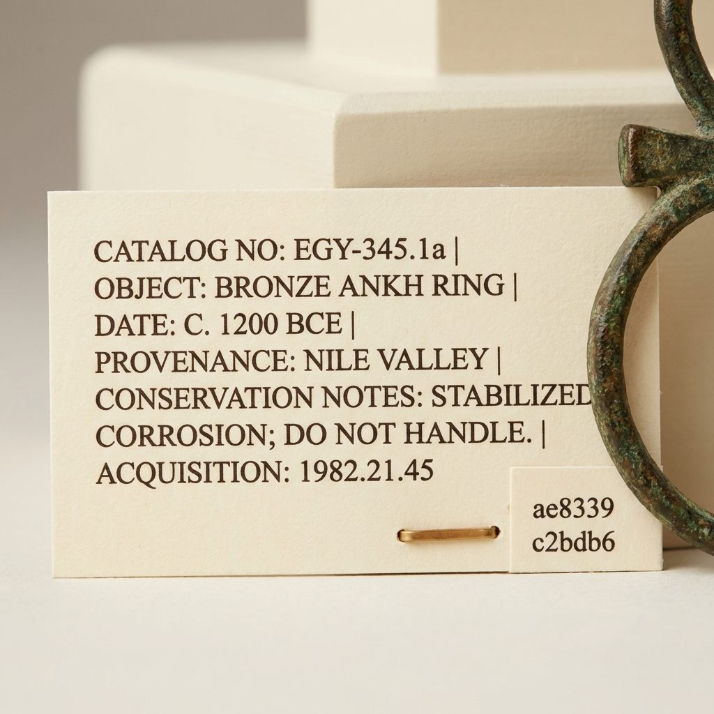 Close up museum label next to an ankh ring showing cataloging text and conservation notes on warm ivory paper in Aurora Antiqua palette ankh ring meaning