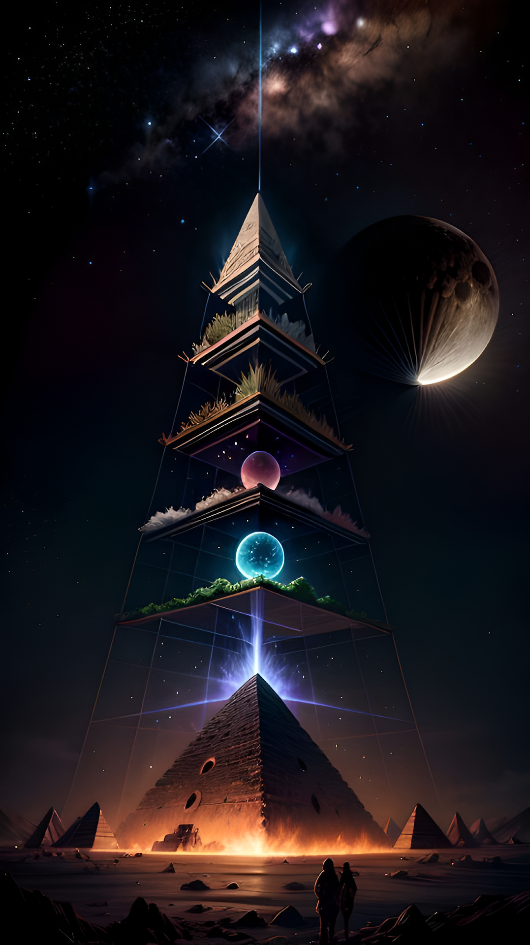 Futuristic Terraced Pyramid Structure Under Cosmic Night Sky - Free 4K mobile Wallpaper