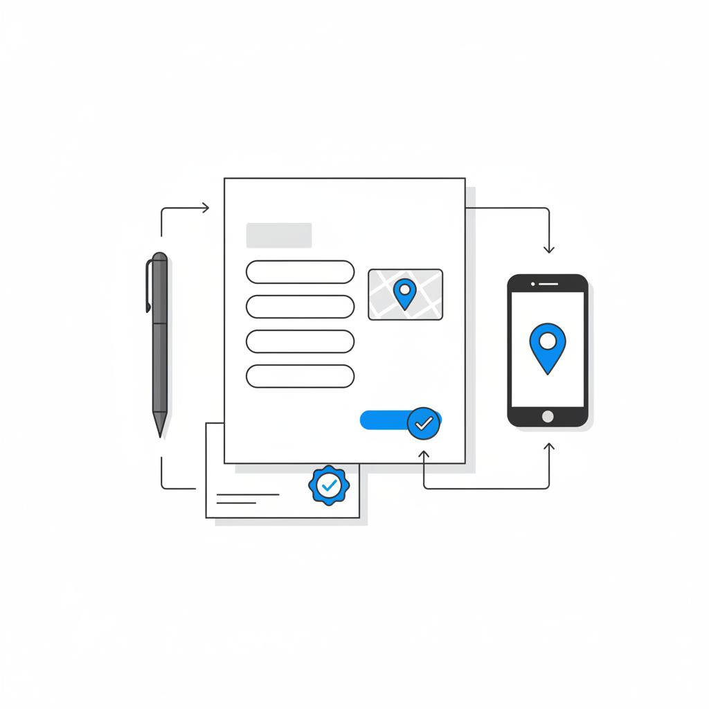 Close-up vector desk scene of a contact-page mockup sketch with a pen, verification postcard, and smartphone map pin illustrating how to get a company to come up on Google.