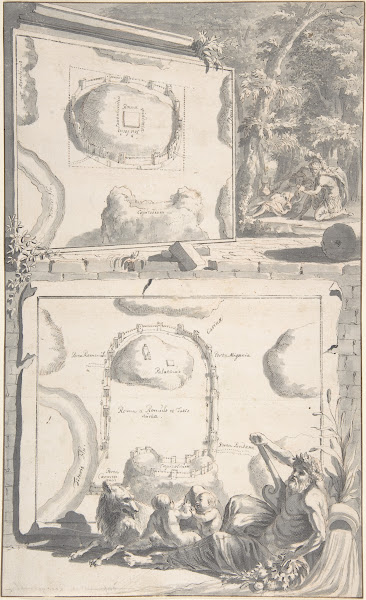 Two Maps of Ancient Rome with a River God and Romulus and Remus before 1704