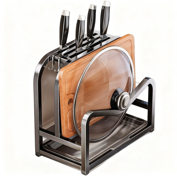 Knife stand with cutting board and pot lid holder