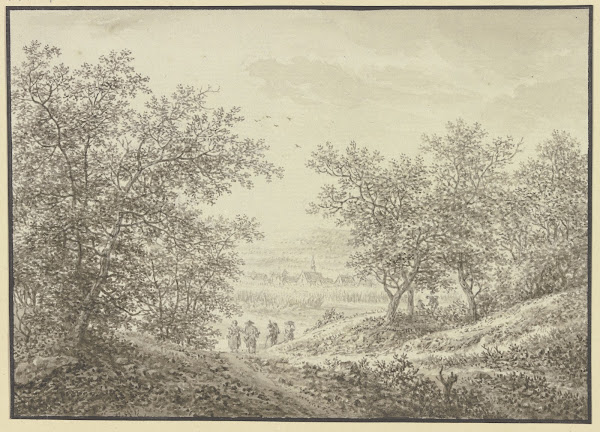Waldausgang mit Blick auf ein Dörfchen im Vordergrund vier Figuren