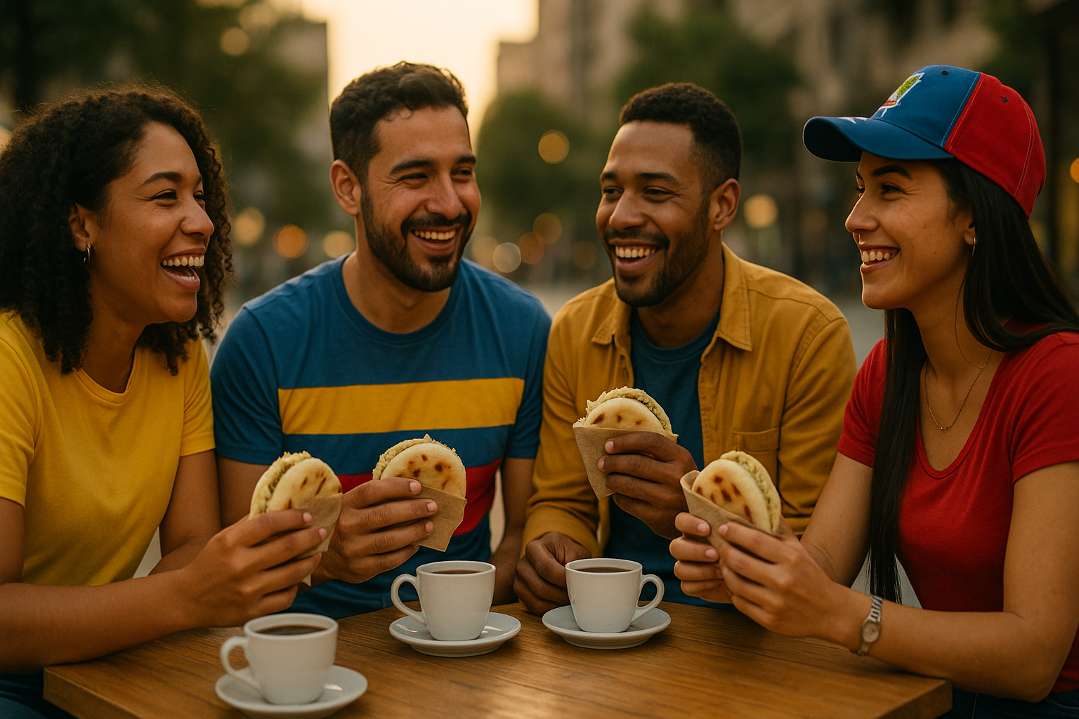 Venezolanos en el exterior sonriendo y conversando, con banderas y arepas en una mesa urbana