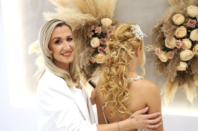 Beautiful bridal blonde updo hairstyle details