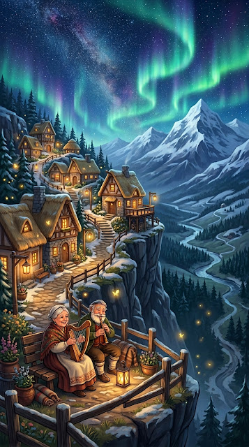 Whimsical Mountain Village Under Aurora Sky - Free mobile Wallpaper
