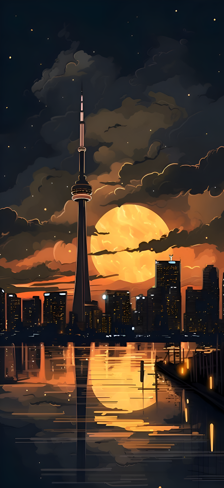 Toronto Skyline Illustration at Dusk with Giant Orange Moon - Free 4K mobile Wallpaper