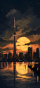 Toronto Skyline Illustration at Dusk with Giant Orange Moon