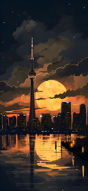 Toronto Skyline Illustration at Dusk with Giant Orange Moon - Free mobile Wallpaper