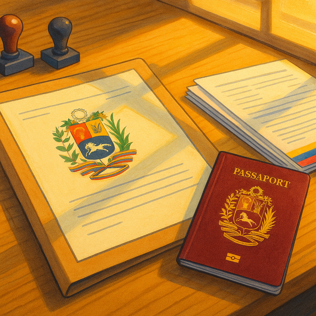 Carpeta de documentos y pasaporte en mesa, apostilla y trámites migratorios